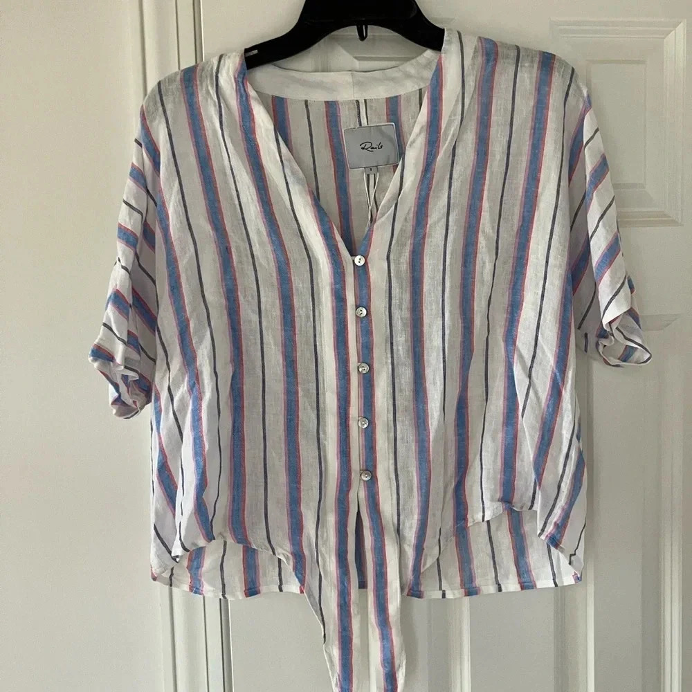 NWT Rails Thea Tahiti Strip Linen Button-up Tie Shirt Small - Picture 7 of 10